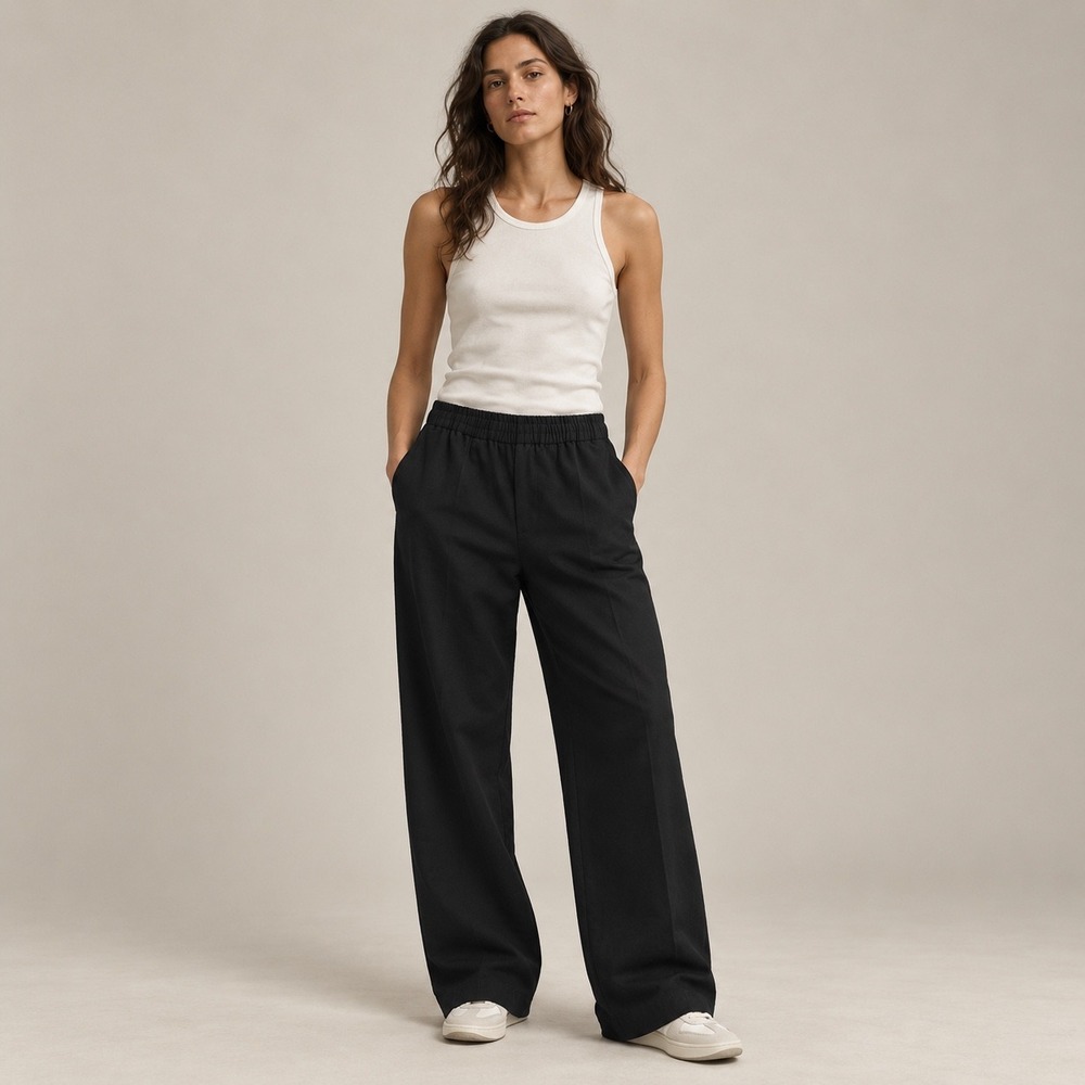 C&A Womens Black Wide Leg Elastic Waist Pleated Trousers Dress Pants Size EUR 42